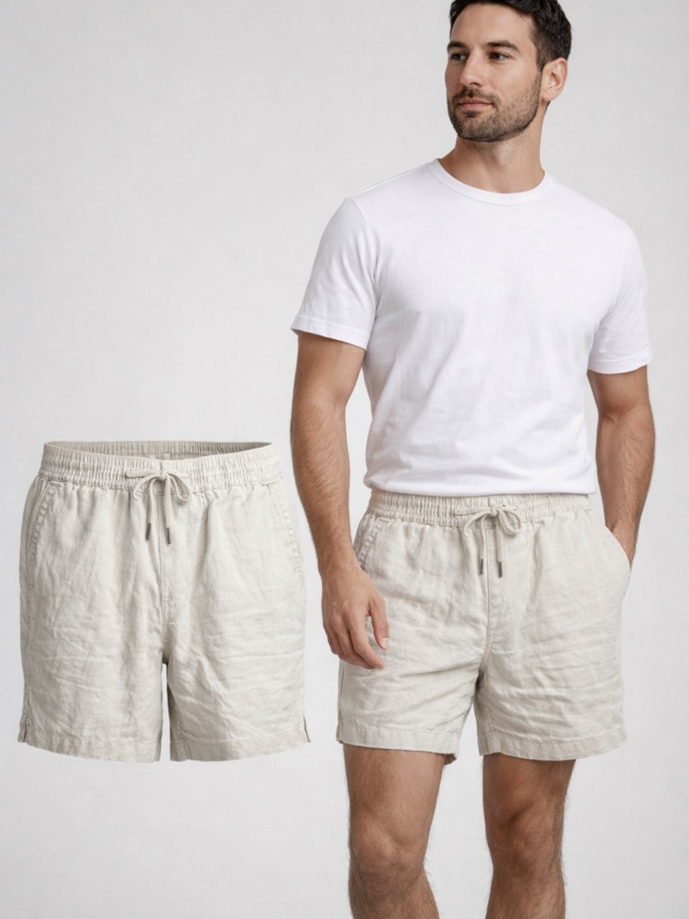 Quince | Linen Shorts | Beige Elastic Waist Drawstring Casual | Size L